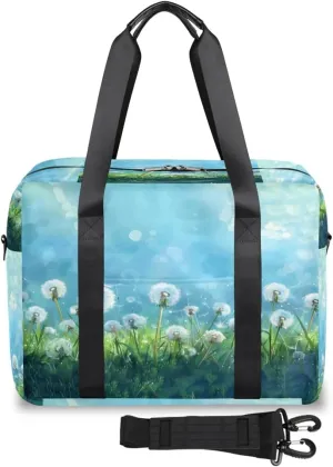 Blue Mist White Dandelions Grass Womens Travel Bags, Weekender Carry on for Women, Sports Gym Bag, Workout Duffel bag, Overnight Shoulder Bag