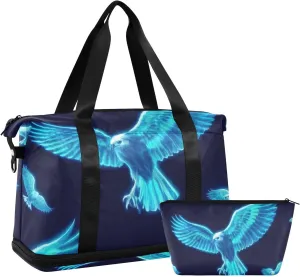 Blue Neon Fluorescent Bird Travel Duffel Bags Weekender/Overnight Duffel with Adjustable Strap for Hiking Large Capacity