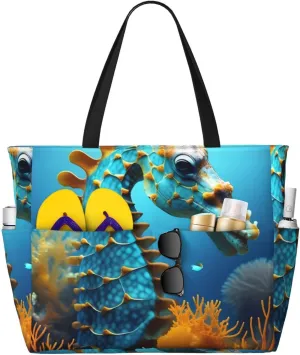Blue Seahorse Print 28L Beach Tote Bag, Water-resistant Travel Tote, Lightweight Gym & Camping Carryall