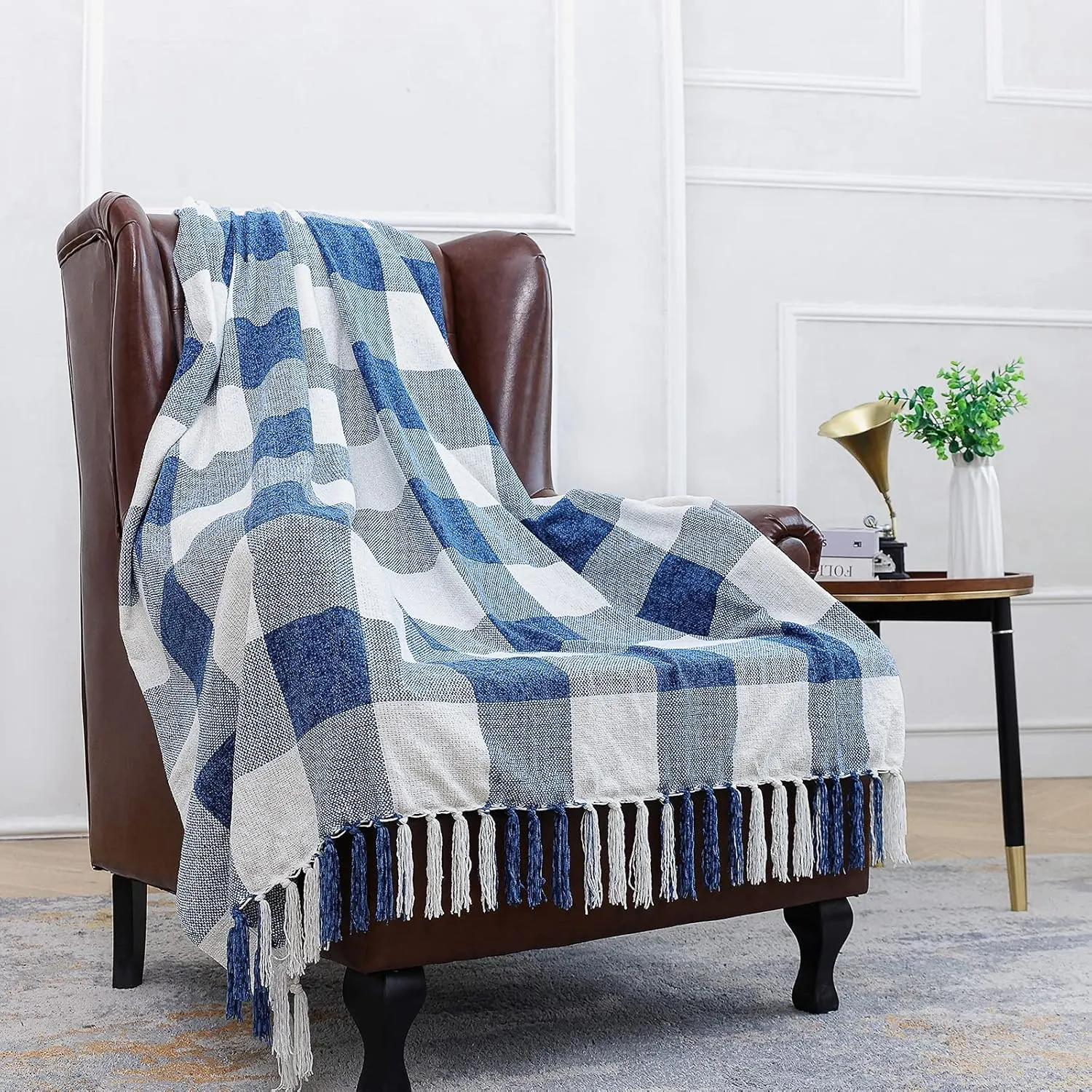 Blue White Buffalo Plaid Decor Twin Blanket, Lightweight Soft Chenille Check Knitted Rustic Farmhouse Throw with Tassels for Couch Sofa Chair Bed Office Home, Blue and Ivory, 60" x 80"