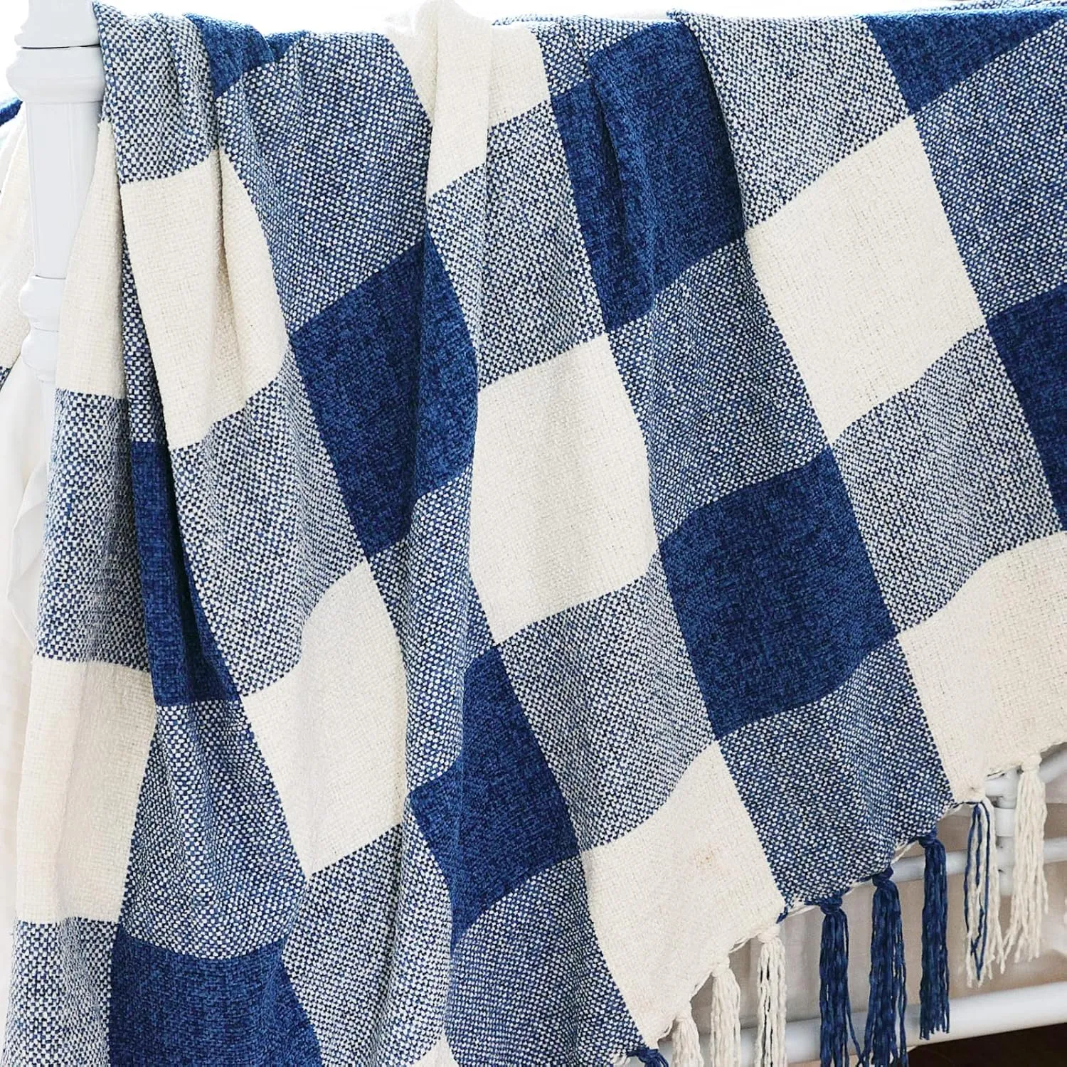 Blue White Buffalo Plaid Decor Twin Blanket, Lightweight Soft Chenille Check Knitted Rustic Farmhouse Throw with Tassels for Couch Sofa Chair Bed Office Home, Blue and Ivory, 60" x 80"
