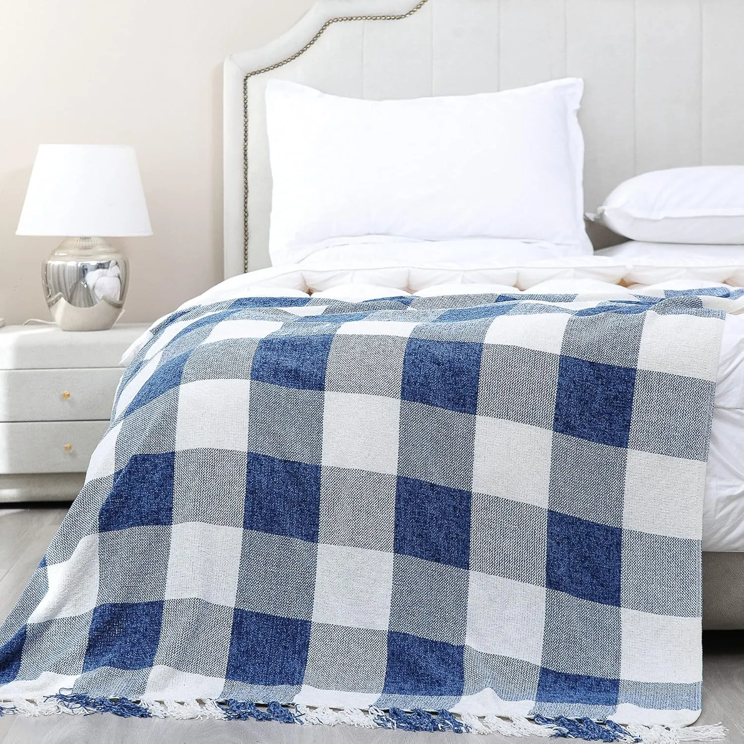 Blue White Buffalo Plaid Decor Twin Blanket, Lightweight Soft Chenille Check Knitted Rustic Farmhouse Throw with Tassels for Couch Sofa Chair Bed Office Home, Blue and Ivory, 60" x 80"