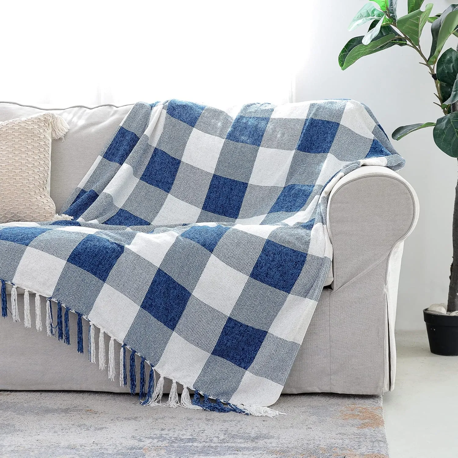 Blue White Buffalo Plaid Decor Twin Blanket, Lightweight Soft Chenille Check Knitted Rustic Farmhouse Throw with Tassels for Couch Sofa Chair Bed Office Home, Blue and Ivory, 60" x 80"
