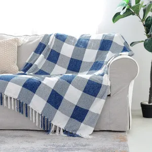 Blue White Buffalo Plaid Decor Twin Blanket, Lightweight Soft Chenille Check Knitted Rustic Farmhouse Throw with Tassels for Couch Sofa Chair Bed Office Home, Blue and Ivory, 60" x 80"