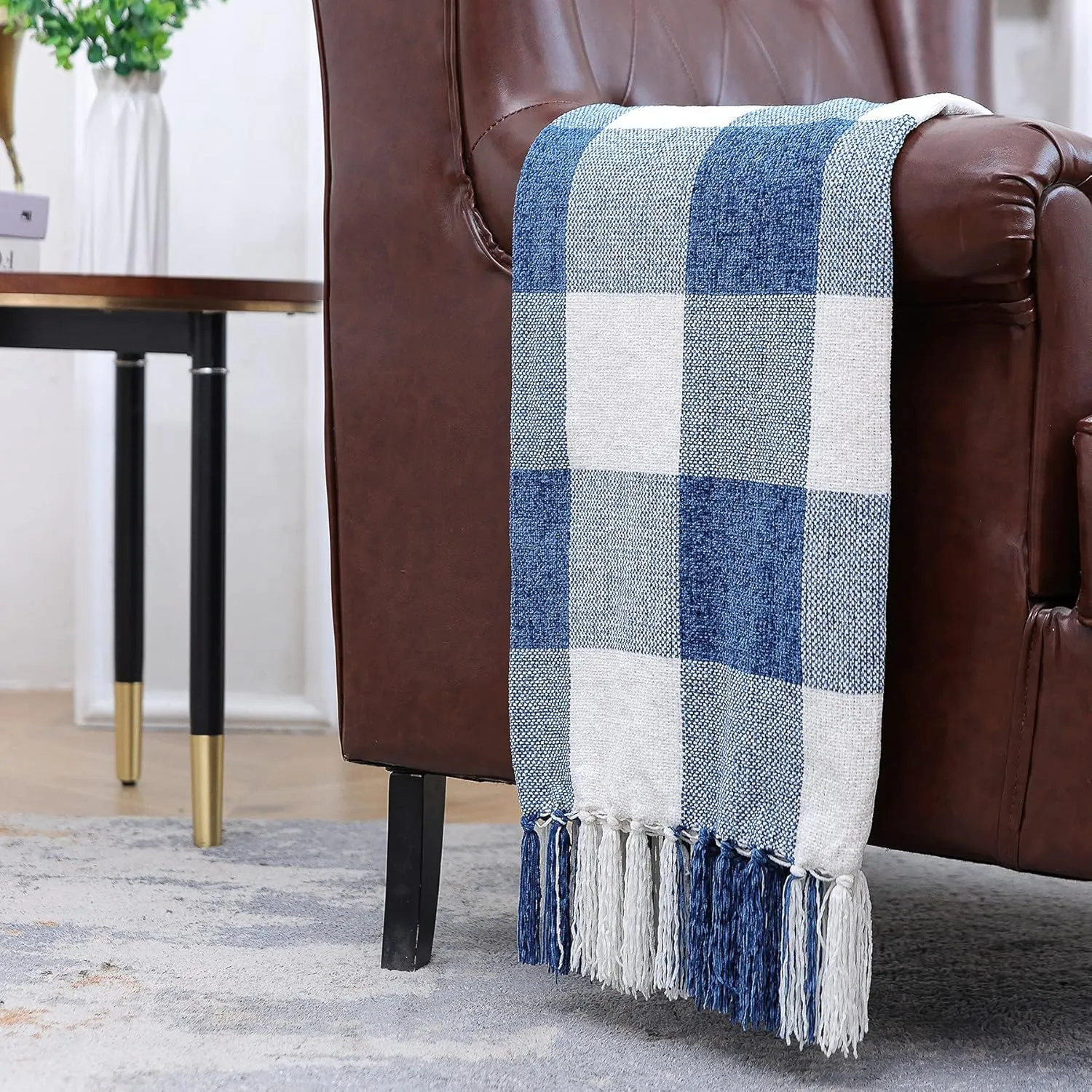 Blue White Buffalo Plaid Decor Twin Blanket, Lightweight Soft Chenille Check Knitted Rustic Farmhouse Throw with Tassels for Couch Sofa Chair Bed Office Home, Blue and Ivory, 60" x 80"