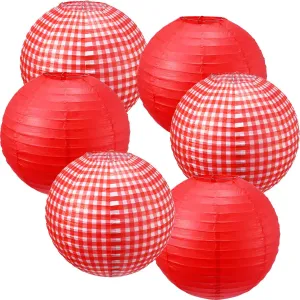 Blulu Picnic Decorations - Checkered Round Paper Lanterns for BBQ Pizza Party - Red and White Plaid, Pure Red (6 Pieces)