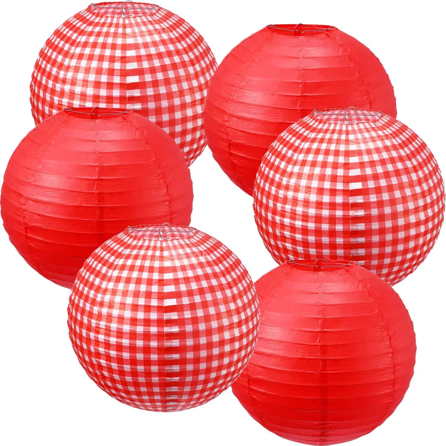 Blulu Picnic Decorations - Checkered Round Paper Lanterns for BBQ Pizza Party - Red and White Plaid, Pure Red (6 Pieces)