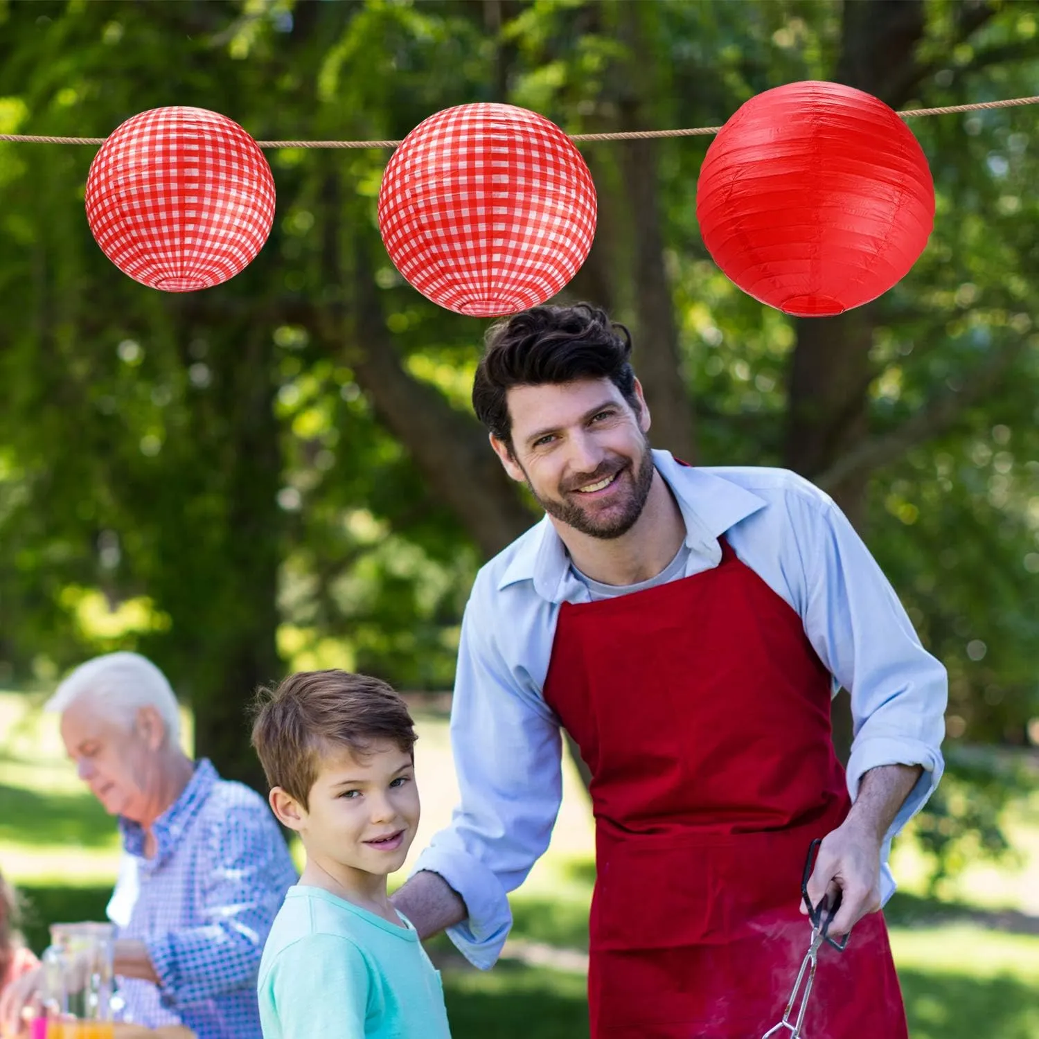 Blulu Picnic Decorations - Checkered Round Paper Lanterns for BBQ Pizza Party - Red and White Plaid, Pure Red (6 Pieces)