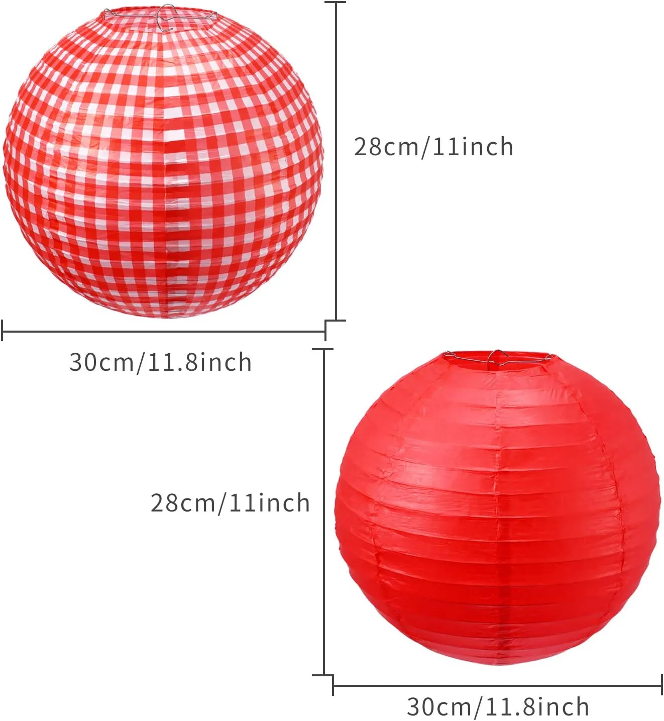 Blulu Picnic Decorations - Checkered Round Paper Lanterns for BBQ Pizza Party - Red and White Plaid, Pure Red (6 Pieces)