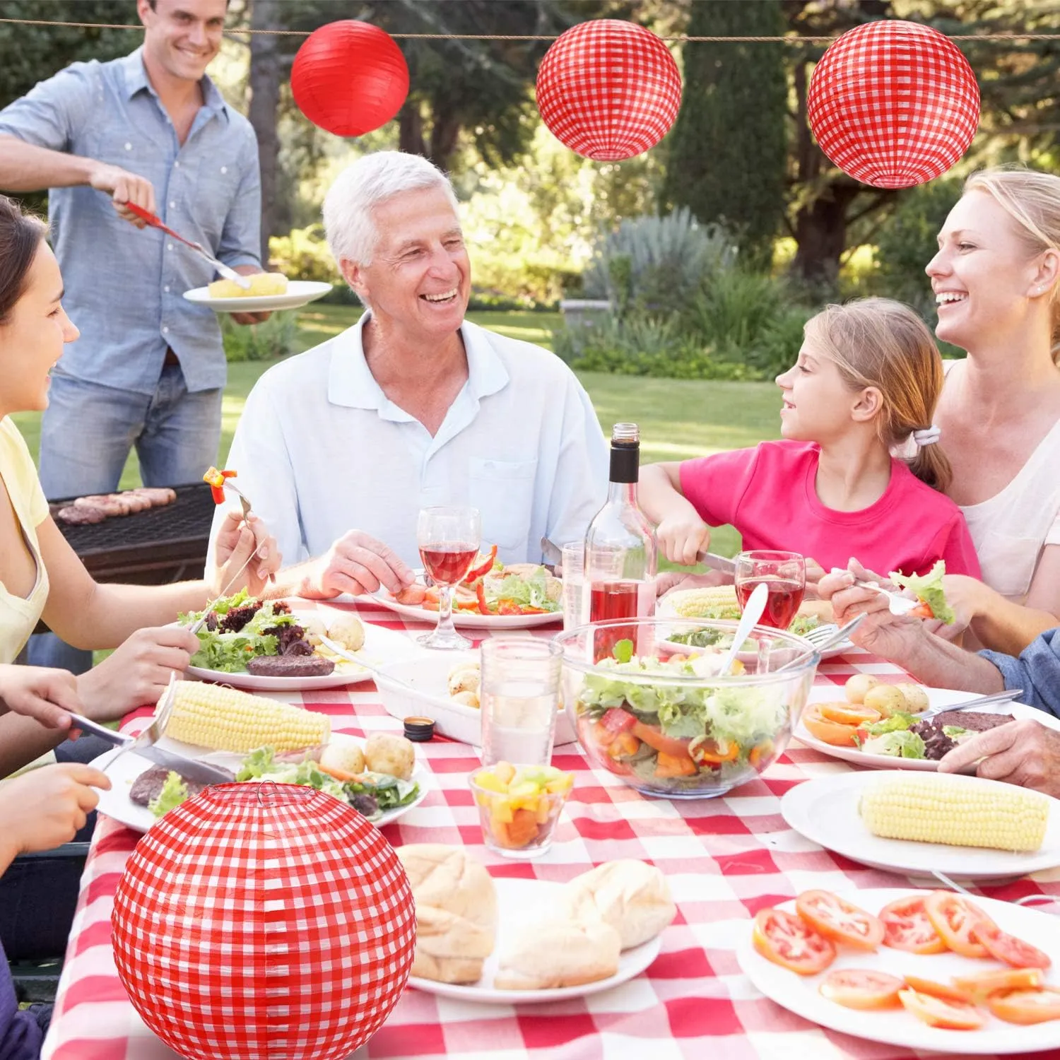 Blulu Picnic Decorations - Checkered Round Paper Lanterns for BBQ Pizza Party - Red and White Plaid, Pure Red (6 Pieces)