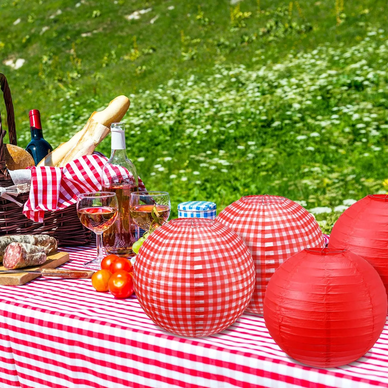 Blulu Picnic Decorations - Checkered Round Paper Lanterns for BBQ Pizza Party - Red and White Plaid, Pure Red (6 Pieces)