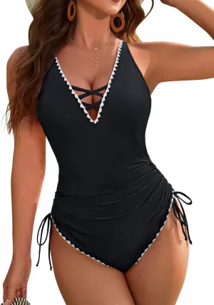 BMJL Womens Tummy Control Swimsuits Modest Slimming One Piece Bathing Suit Cute Color Block Drawstring Swim Suit