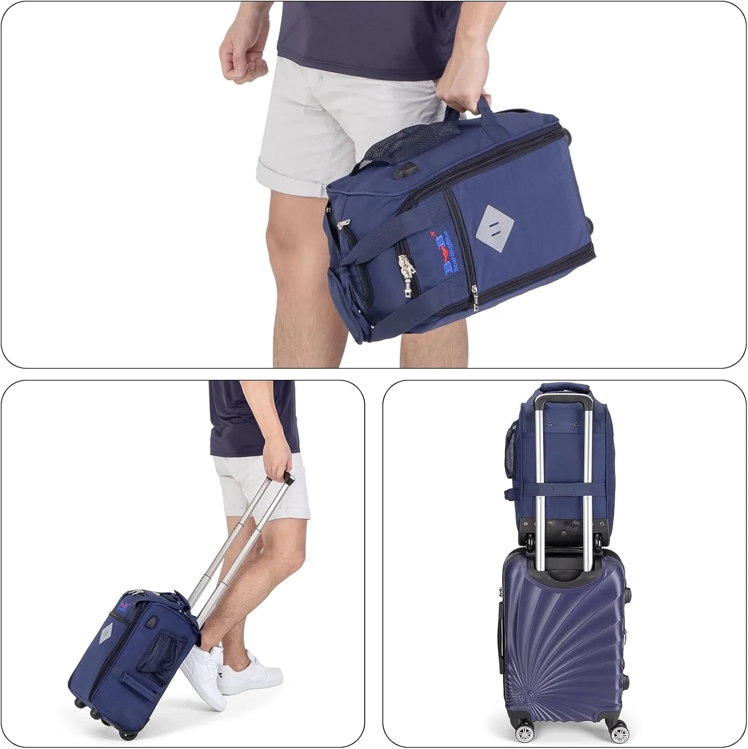 Boardingblue 17x10x9 Inches United Airlines Rolling Personal Item Under Seat Duffle Bag Luggage Suitable For Major Airlines Including Spirit, and Frontier Airline (Navy)