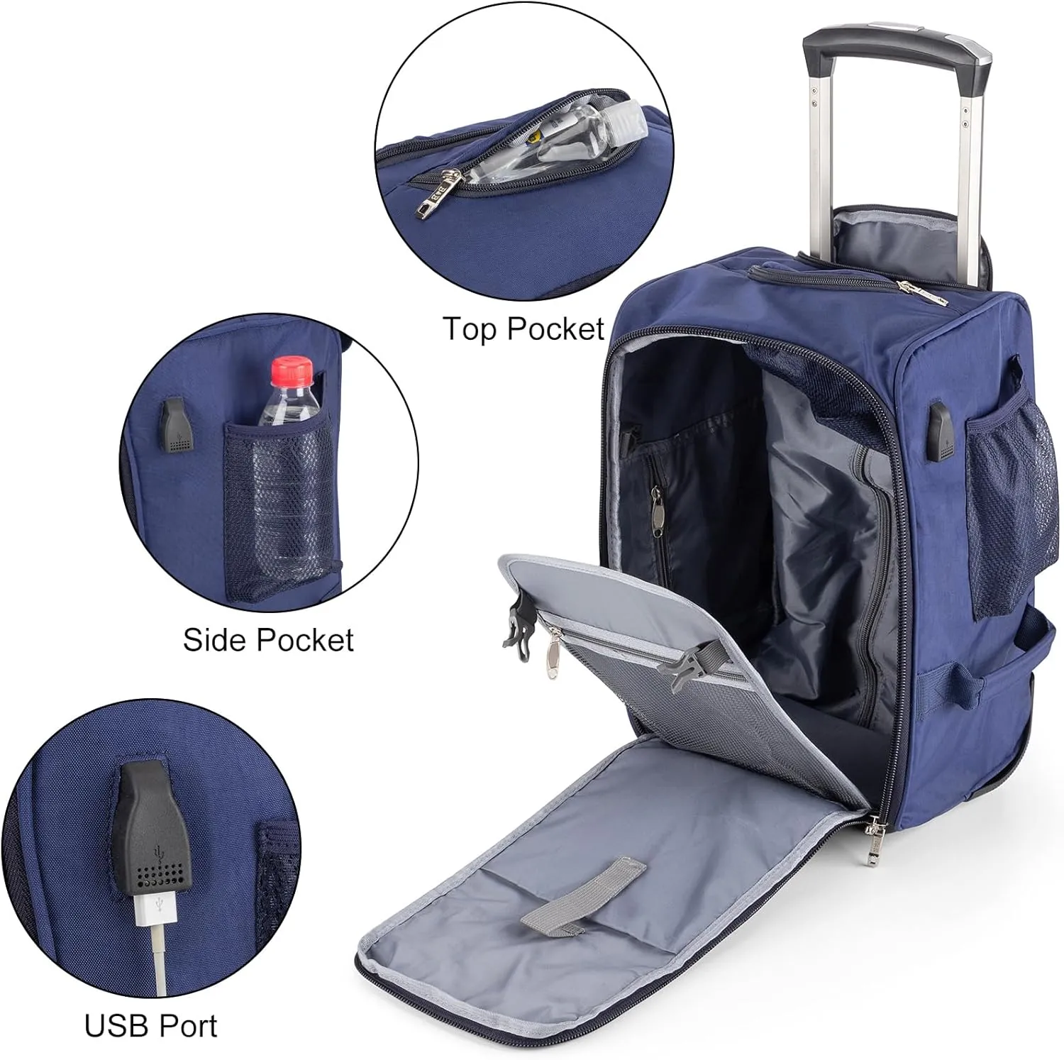 Boardingblue 17x10x9 Inches United Airlines Rolling Personal Item Under Seat Duffle Bag Luggage Suitable For Major Airlines Including Spirit, and Frontier Airline (Navy)