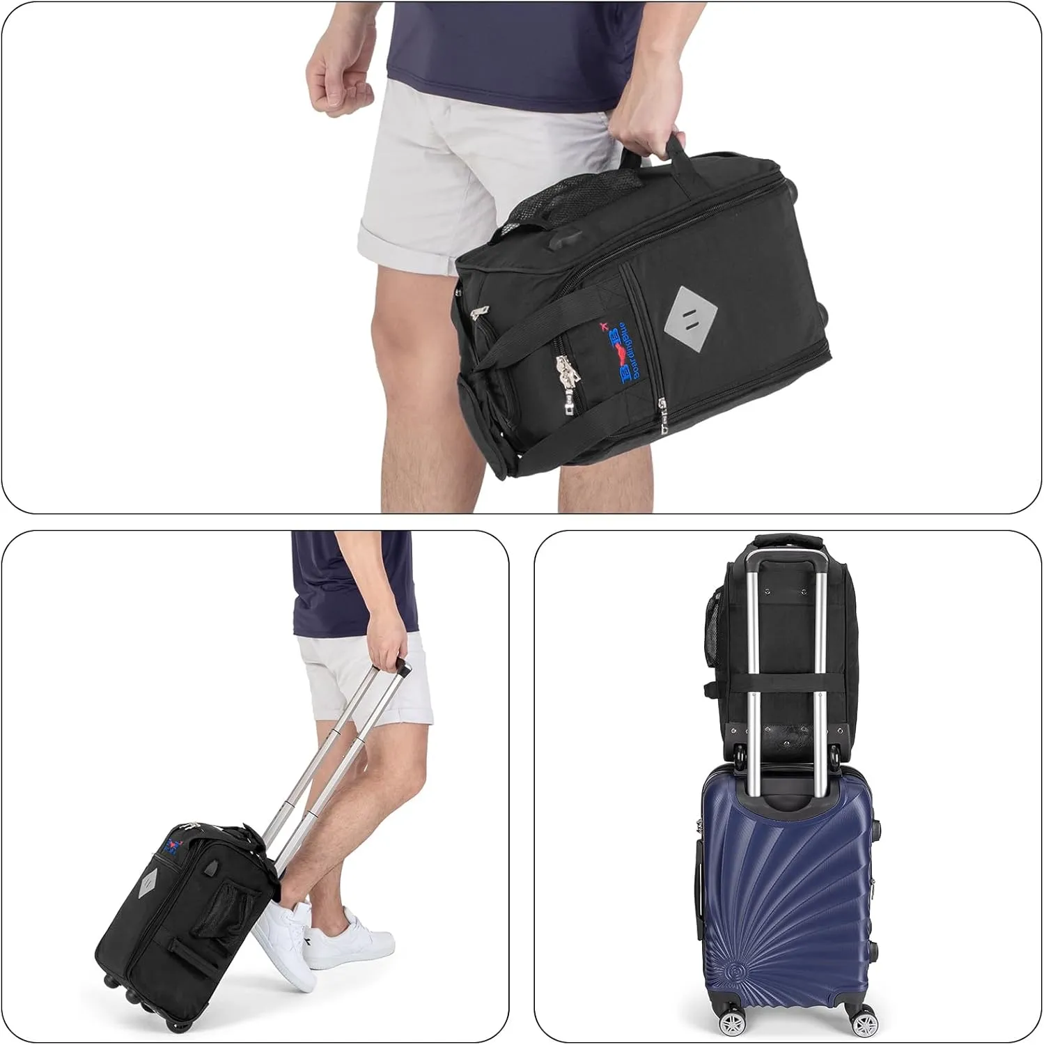 Boardingblue 17x10x9 Inches United Airlines Rolling Personal Item Under Seat Duffle Bag Luggage Suitable For Major Airlines Including Spirit, and Frontier Airline(BLACK)