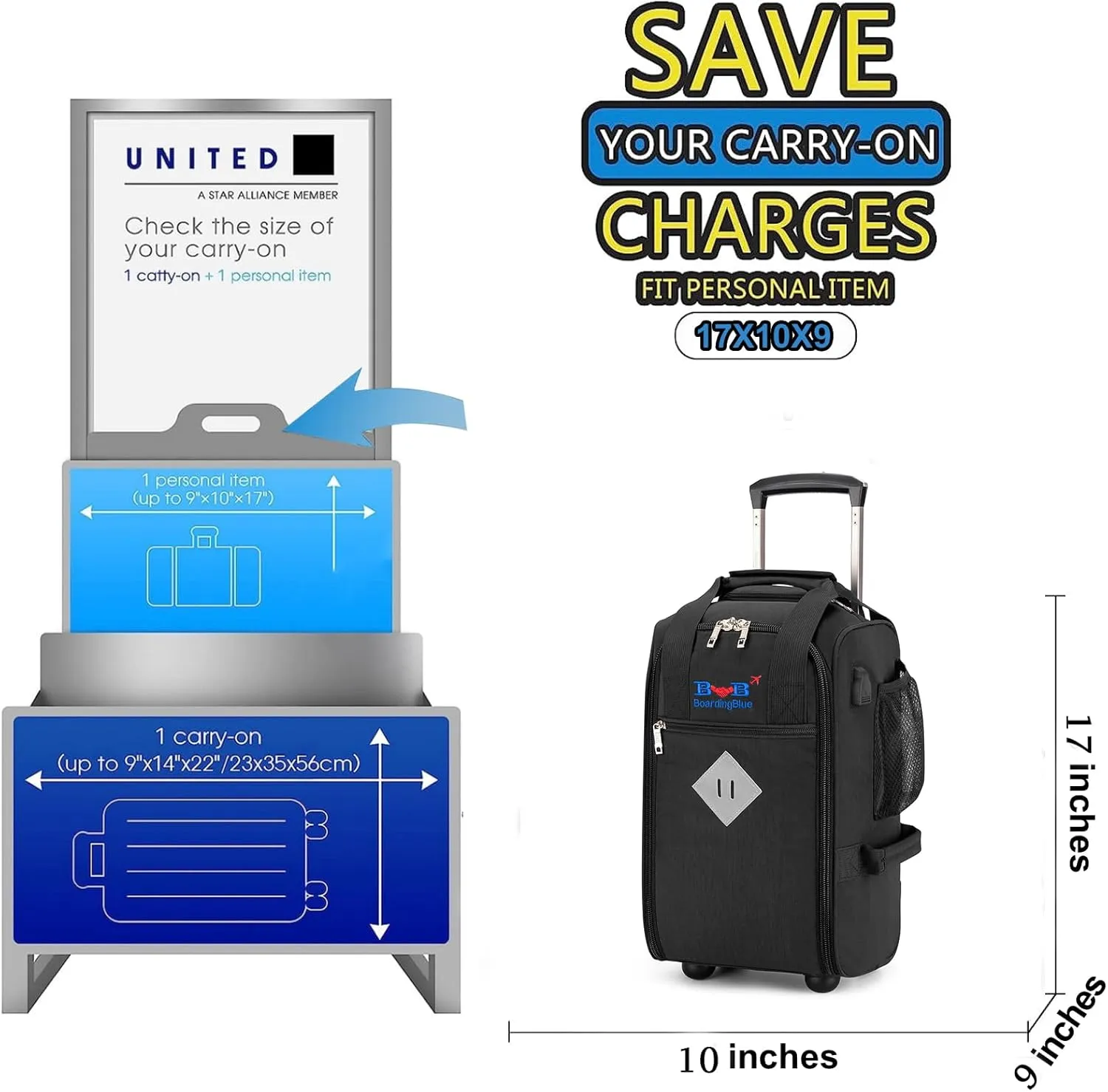 Boardingblue 17x10x9 Inches United Airlines Rolling Personal Item Under Seat Duffle Bag Luggage Suitable For Major Airlines Including Spirit, and Frontier Airline(BLACK)