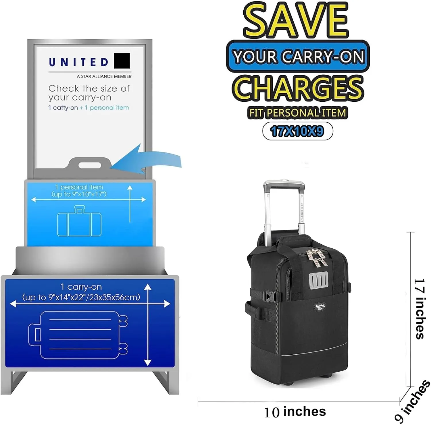 Boardingblue 17x10x9 Inches United Airlines Rolling Personal Item Under Seat Duffle Bag Luggage Suitable For Major Airlines Including Spirit and Frontier (Black, 17x10x9 Inches)