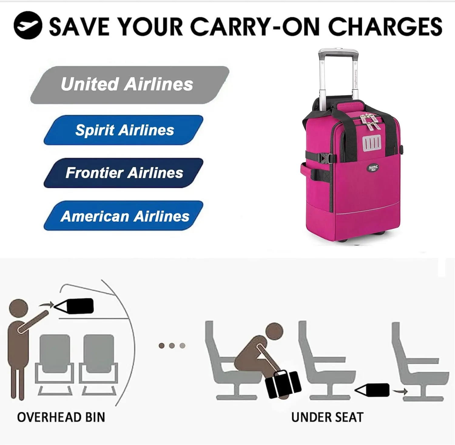 Boardingblue 17x10x9 Inches United Airlines Rolling Personal Item Under Seat Duffle Bag Luggage Suitable For Major Airlines Including Spirit and Frontier (Purple, 17x10x9 Inches)