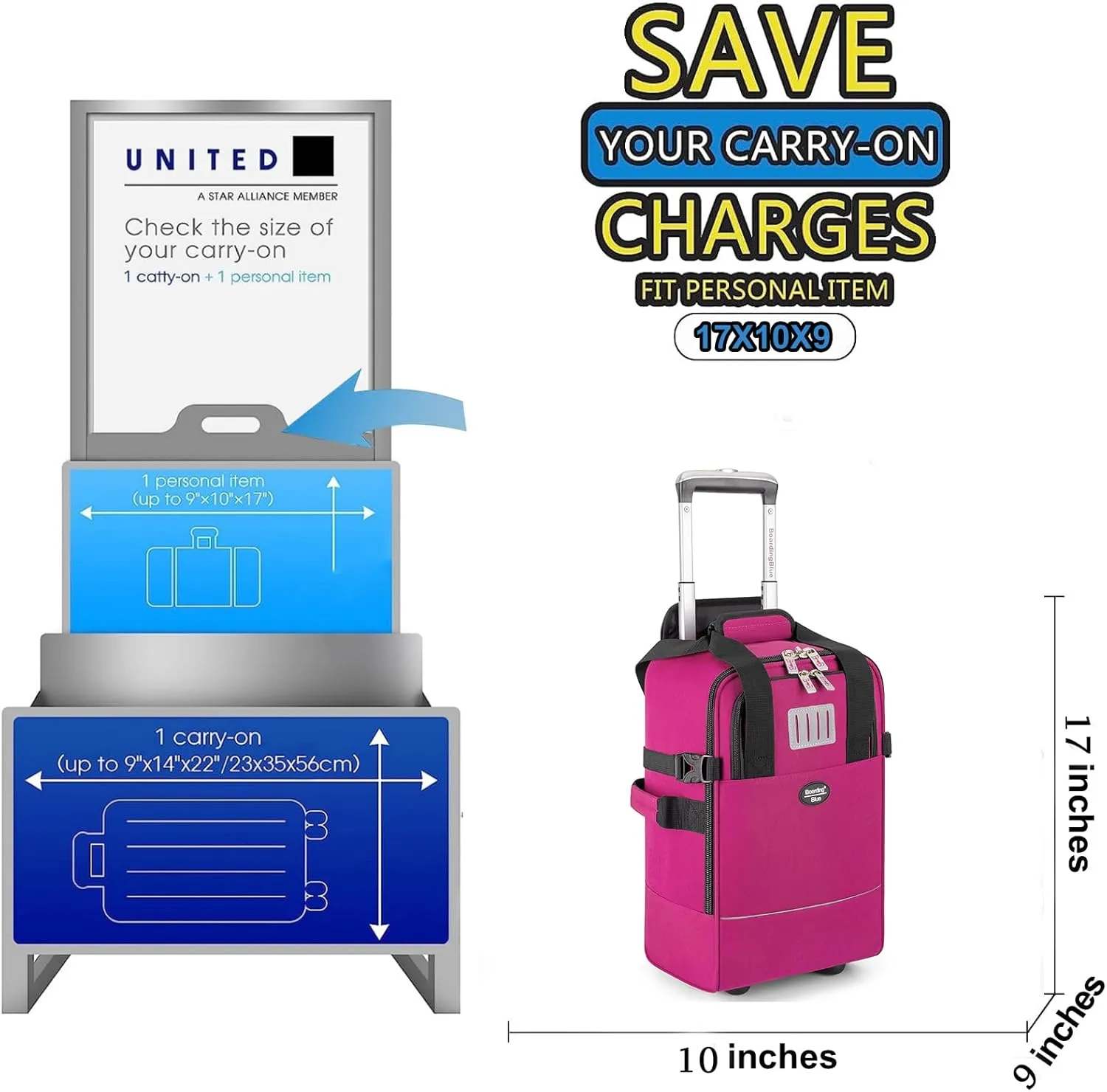 Boardingblue 17x10x9 Inches United Airlines Rolling Personal Item Under Seat Duffle Bag Luggage Suitable For Major Airlines Including Spirit and Frontier (Purple, 17x10x9 Inches)