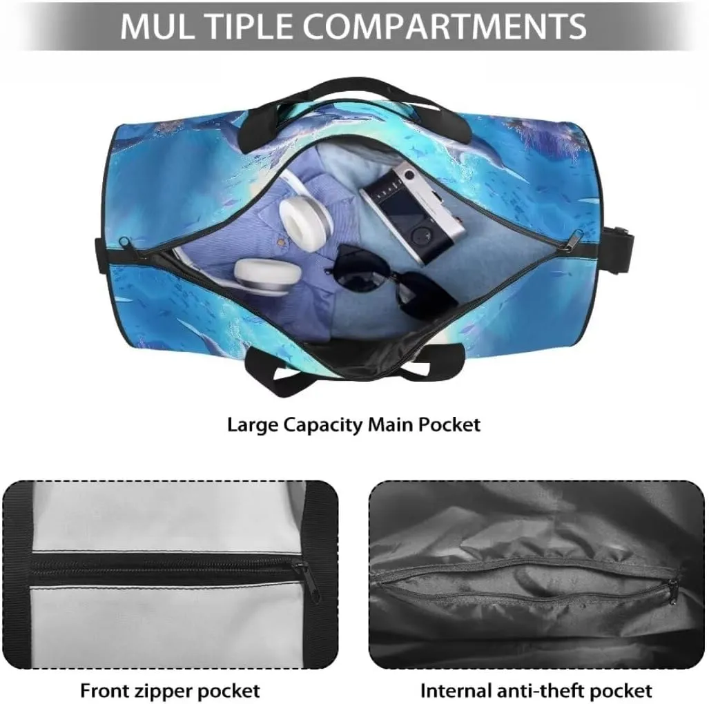 Boatee Dolphin Travel Bag for Women Multi-Purpose Luggage Bag Large Duffle Bag Casual Duffel Bag Big Capacity Weekender Handbag with Adjustable Strap Extra Large Duffel Bag for Camping Hiking Blue