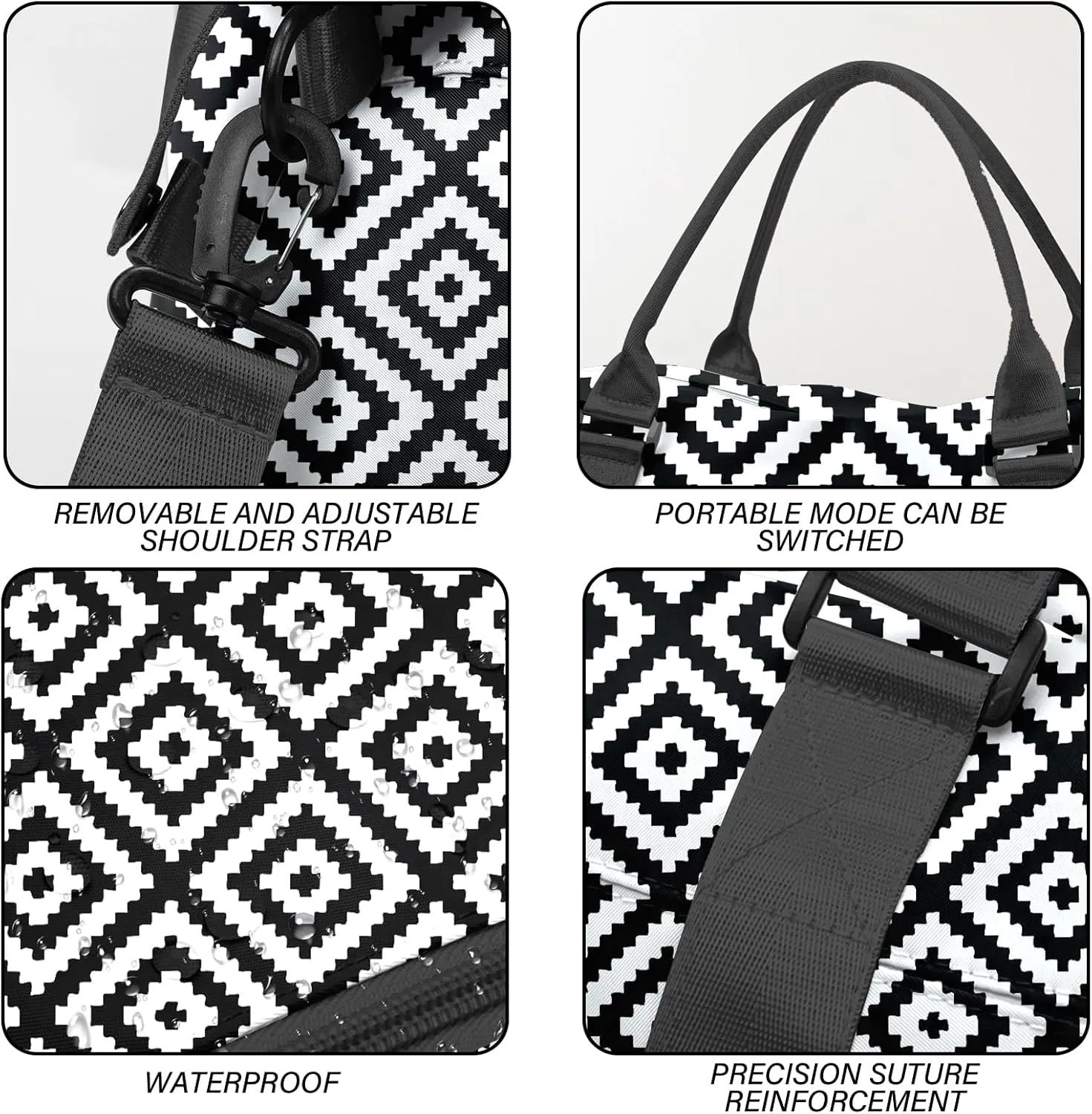 Boho Travel Weekender Duffel Overnight Carry On Bag with Trolley Sleeve,Large Travel Tote Bag with Wet Pocket Shoulder Strap for Women Girls Bohemian Aesthetic Cute-Black White Checkered