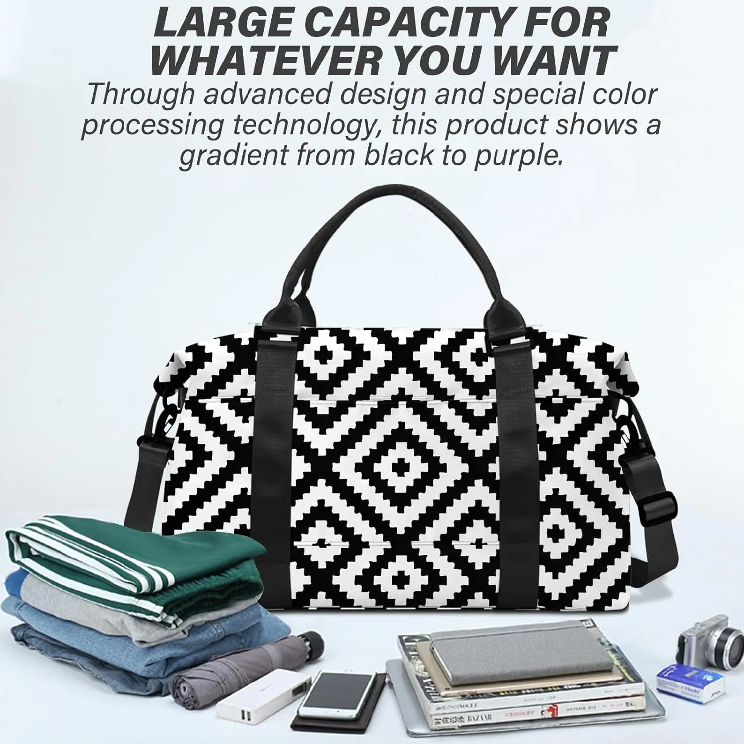 Boho Travel Weekender Duffel Overnight Carry On Bag with Trolley Sleeve,Large Travel Tote Bag with Wet Pocket Shoulder Strap for Women Girls Bohemian Aesthetic Cute-Black White Checkered
