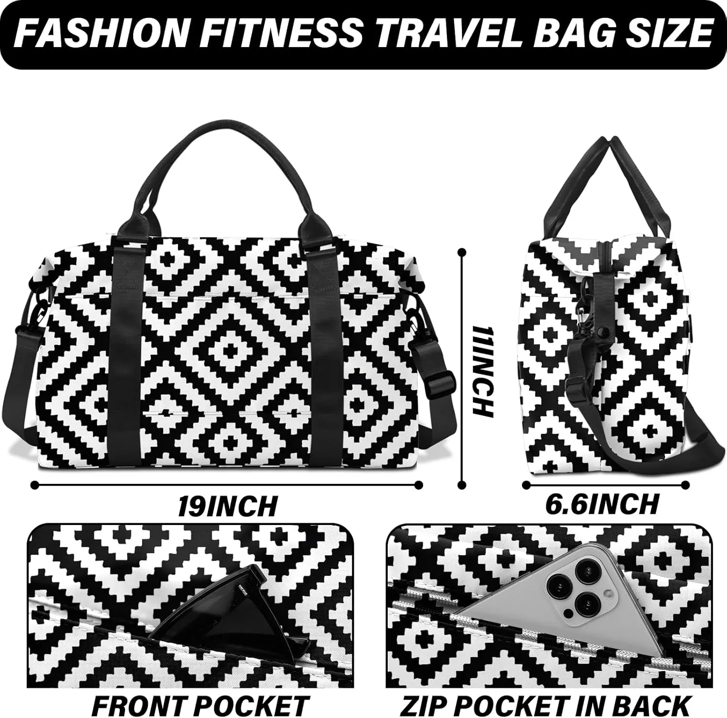 Boho Travel Weekender Duffel Overnight Carry On Bag with Trolley Sleeve,Large Travel Tote Bag with Wet Pocket Shoulder Strap for Women Girls Bohemian Aesthetic Cute-Black White Checkered