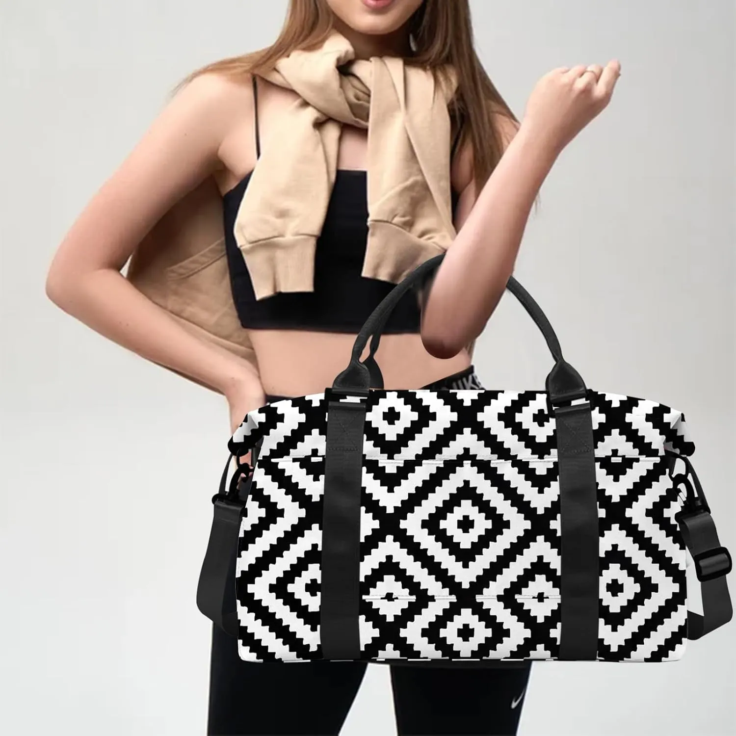 Boho Travel Weekender Duffel Overnight Carry On Bag with Trolley Sleeve,Large Travel Tote Bag with Wet Pocket Shoulder Strap for Women Girls Bohemian Aesthetic Cute-Black White Checkered