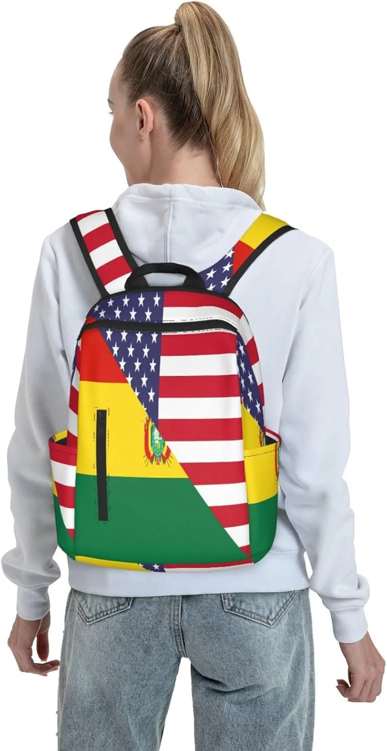 Bolivian American Flag Bolivia Half Casual Backpacks Large Capacity Laptop Backpack Sports Fitness Rucksack Travel Carry-On Daypack Work Bag for Outdoor Camping