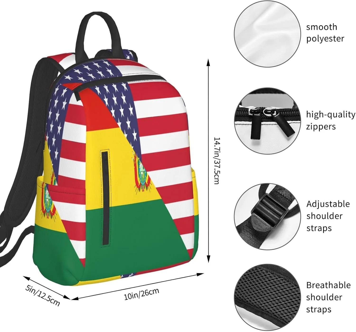 Bolivian American Flag Bolivia Half Casual Backpacks Large Capacity Laptop Backpack Sports Fitness Rucksack Travel Carry-On Daypack Work Bag for Outdoor Camping