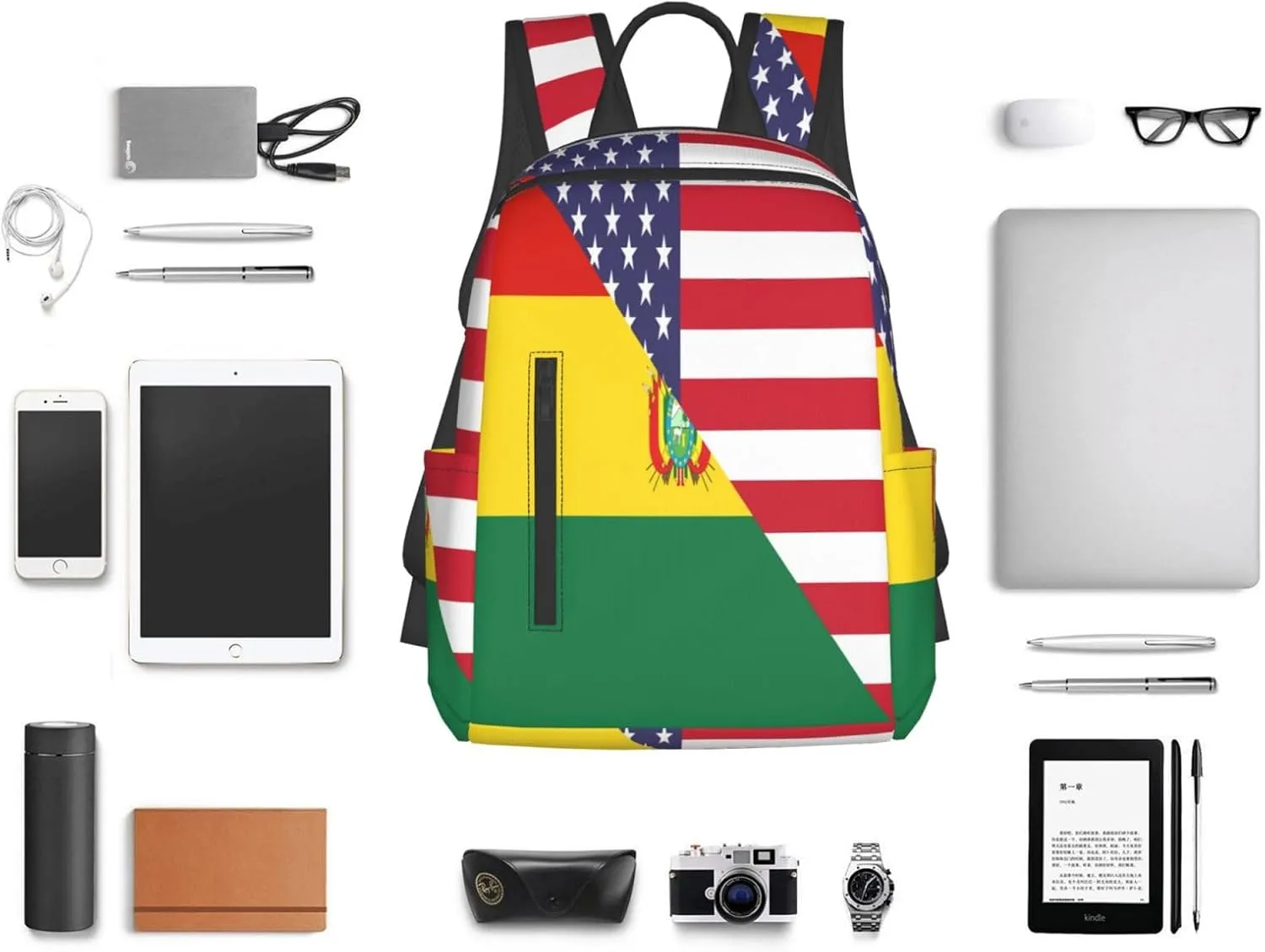 Bolivian American Flag Bolivia Half Casual Backpacks Large Capacity Laptop Backpack Sports Fitness Rucksack Travel Carry-On Daypack Work Bag for Outdoor Camping