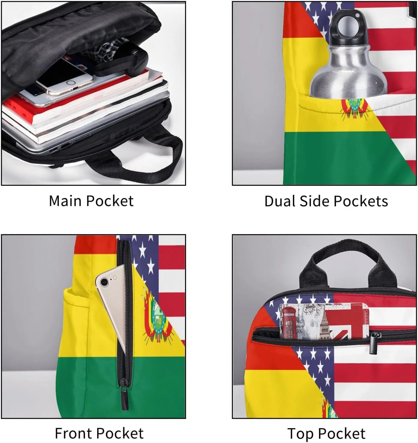 Bolivian American Flag Bolivia Half Casual Backpacks Large Capacity Laptop Backpack Sports Fitness Rucksack Travel Carry-On Daypack Work Bag for Outdoor Camping