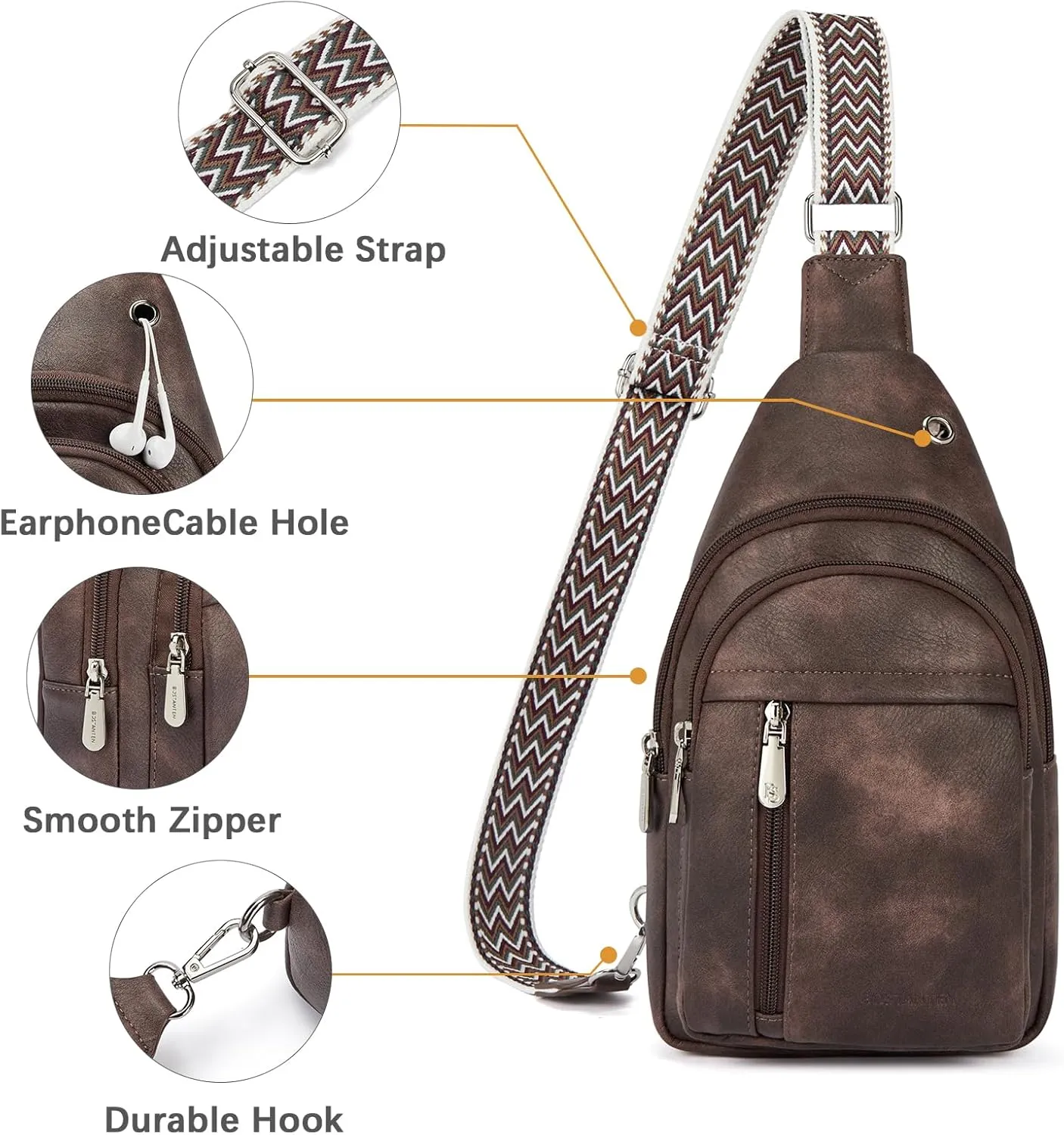 BOSTANTEN Sling Bag Cross Body Bag Trendy Leather Crossbody Purse Chest Bag with Adjustable Guitar Strap for Travel