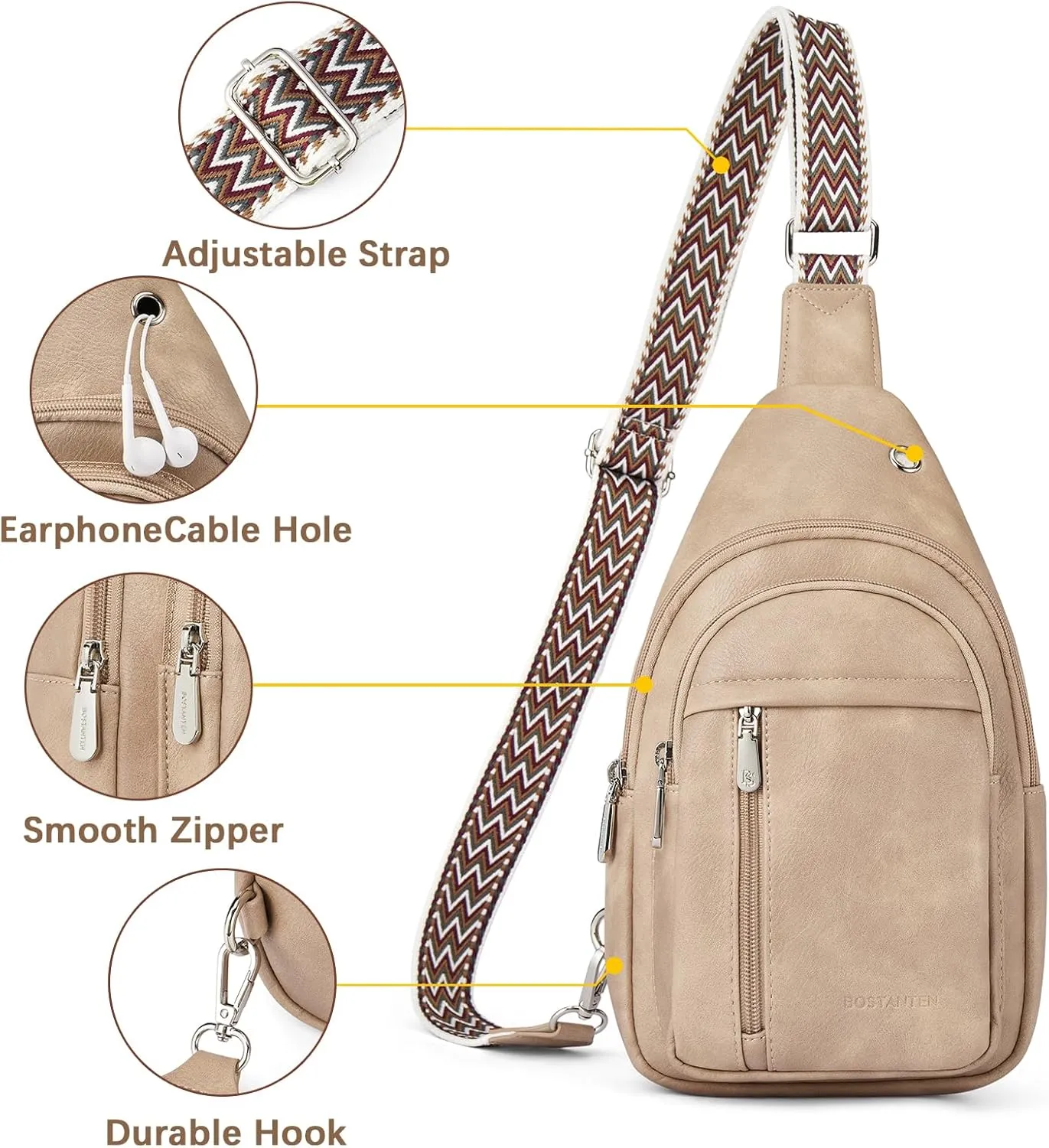 BOSTANTEN Sling Bag Cross Body Bag Trendy Leather Crossbody Purse Chest Bag with Adjustable Guitar Strap for Travel