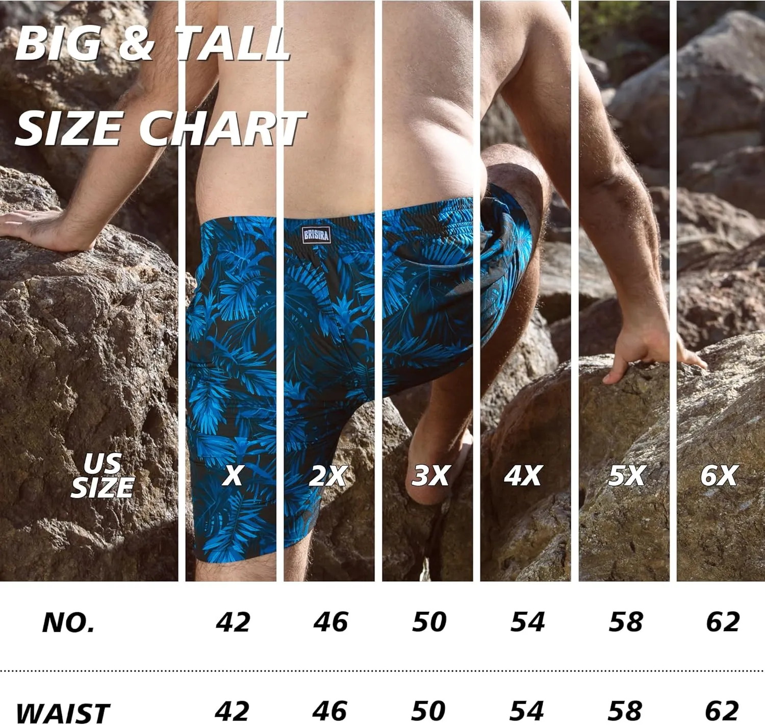 BRISIRA Big and Tall Swim Trunks for Men Compression Liner Bathing Suit with Pockets Swimsuit Beach Shorts Quick Dry 1X-6X