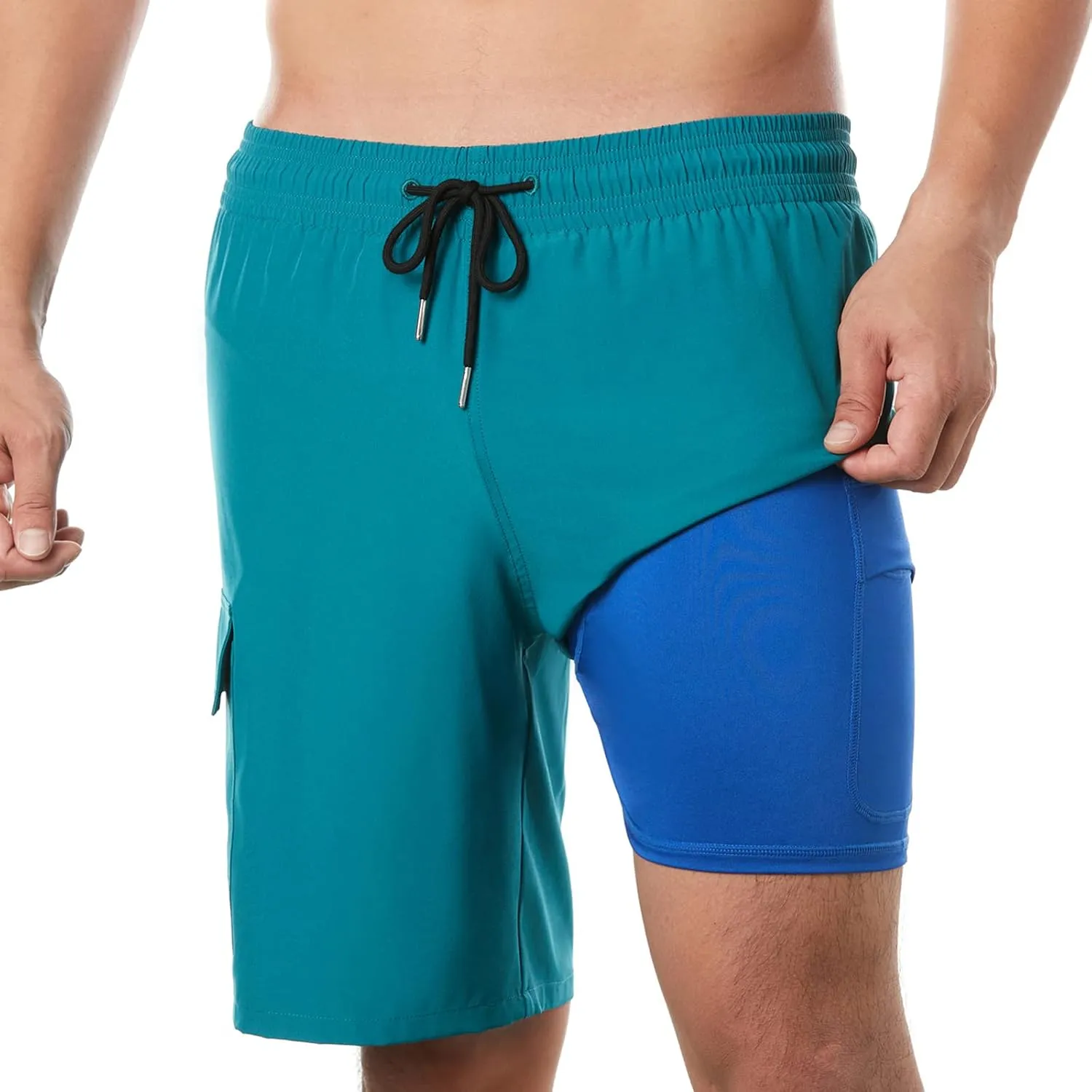 BRISIRA Mens Swim Trunks 9 Inch Inseam Board Shorts with Compression Liner Swimsuit Bathing Suit Quick Dry Cargo Pocket