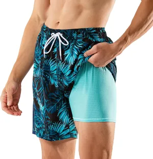BRISIRA Mens Swim Trunks Swim Shorts 7 inch Compression Liner Bathing Suit Beach Shorts Swimwear Stretch Quick Dry Pockets