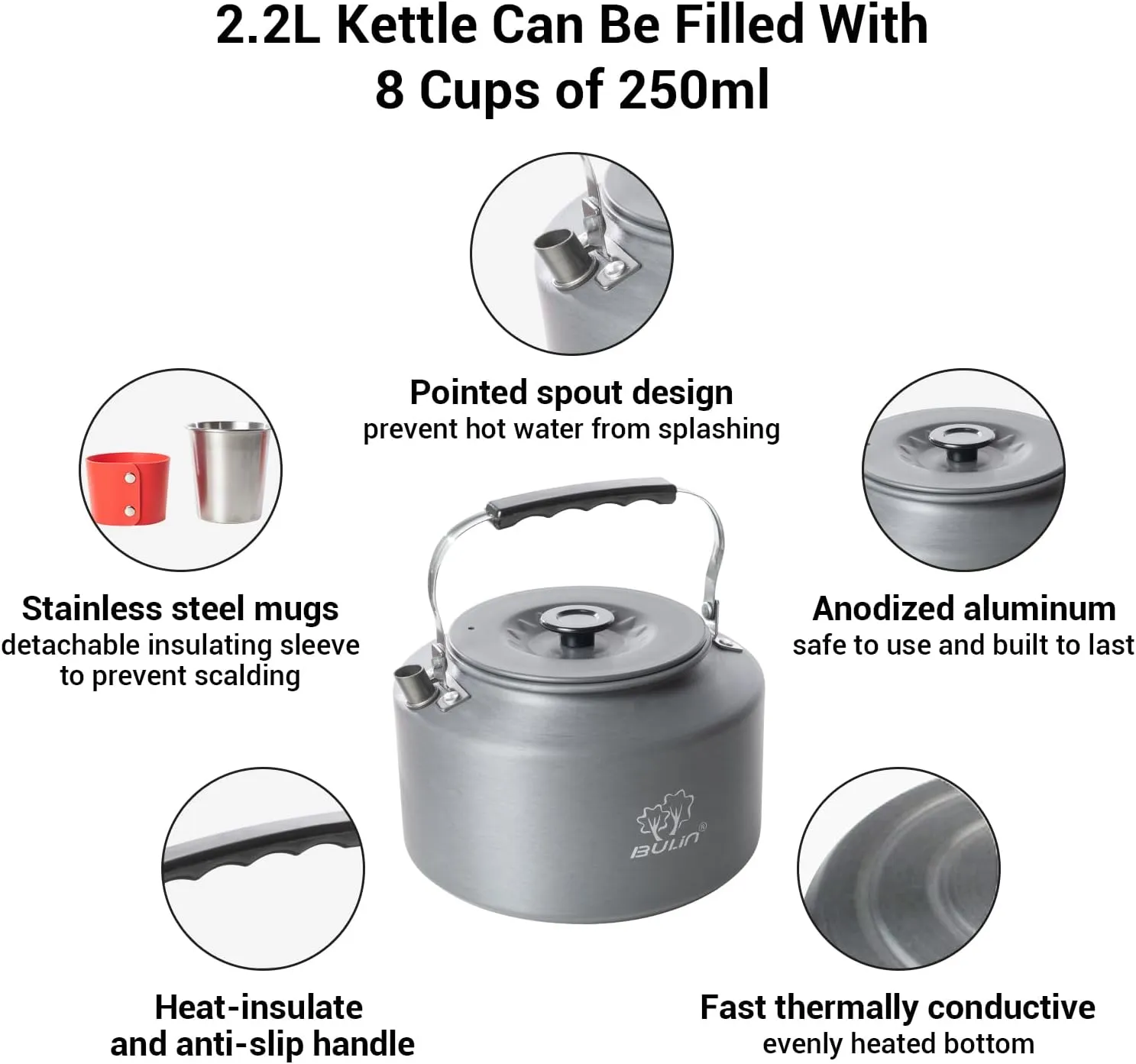 Bulin 2.2L Camping Kettle with 2&4 Stainless Steel Cups for Outdoor Camping Cookware Hiking Backpacking Kitchen Campfire and Picnic, Carrying Bag