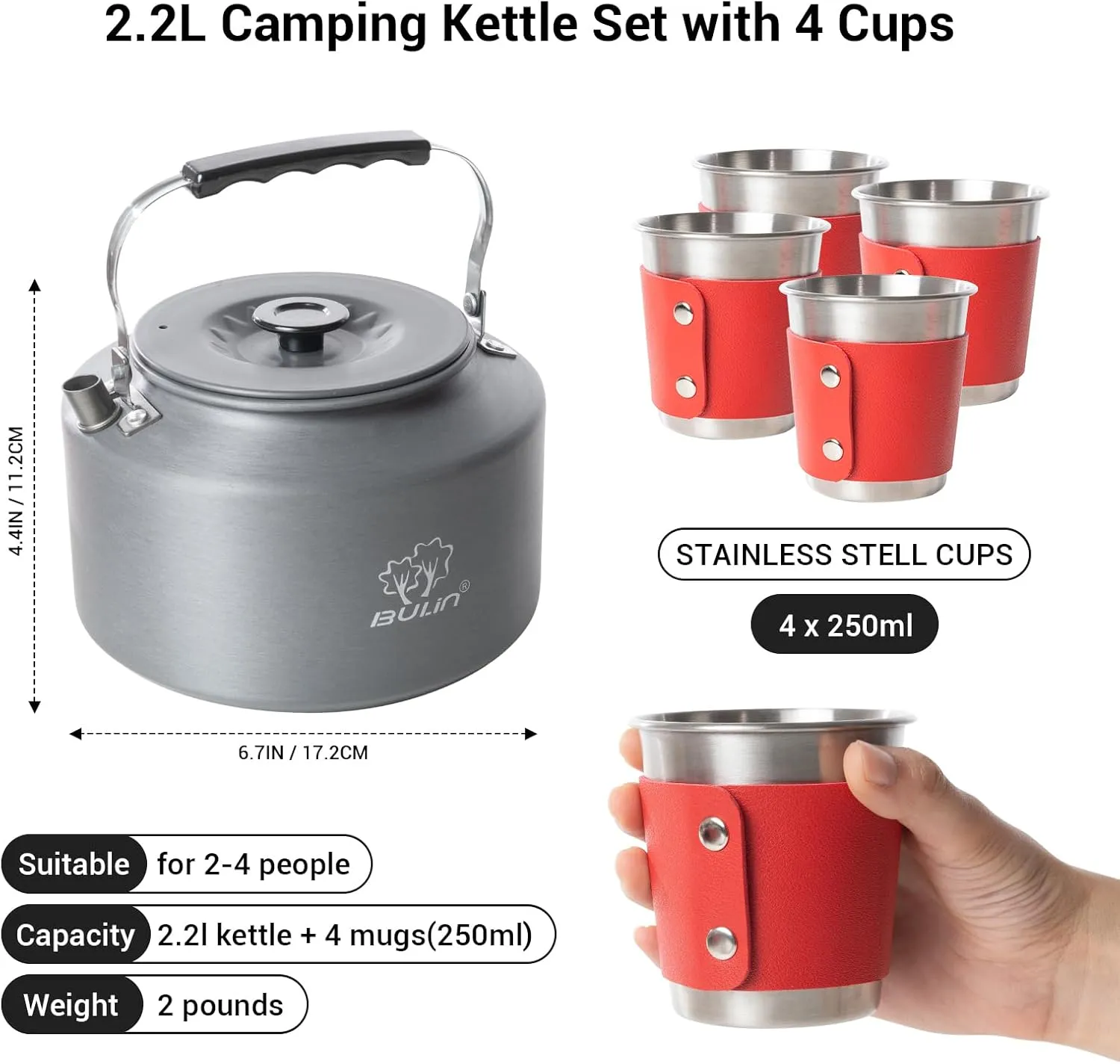 Bulin 2.2L Camping Kettle with 2&4 Stainless Steel Cups for Outdoor Camping Cookware Hiking Backpacking Kitchen Campfire and Picnic, Carrying Bag