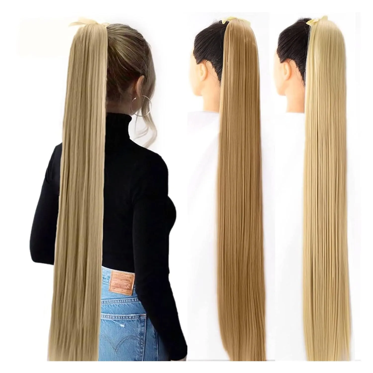 Bun Hair Pieces for Women 1 Pack Long Straight Drawstring Hair Clip Ponytail Extension Synthetic Wig Hair Extensions Bun for Everyday Party Use Messy Bun Hair Piece(04,55CM)
