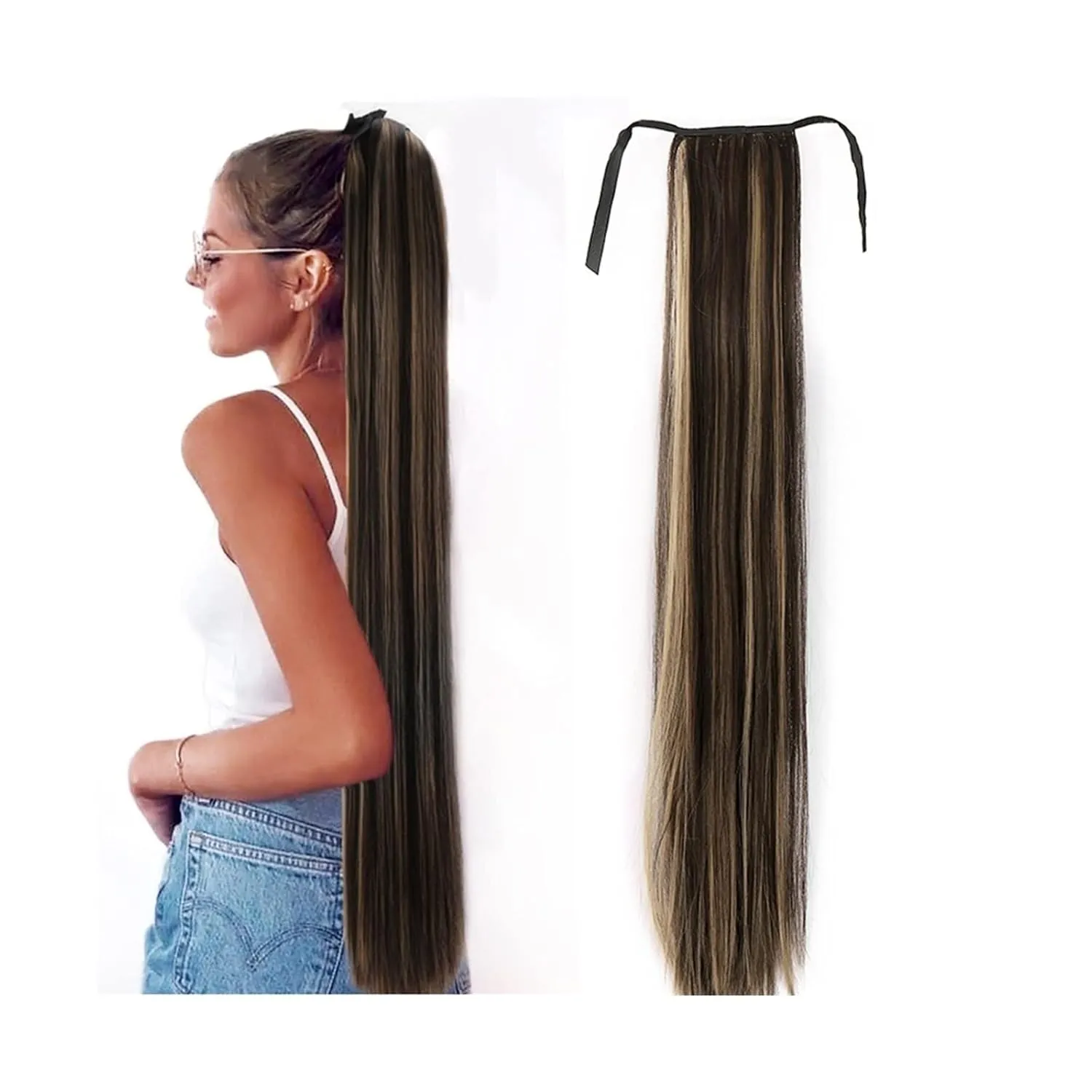 Bun Hair Pieces for Women 1 Pack Long Straight Drawstring Hair Clip Ponytail Extension Synthetic Wig Hair Extensions Bun for Everyday Party Use Messy Bun Hair Piece(04,55CM)