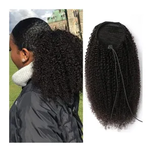 Bun Hair Pieces for Women 10-28 Inch Drawstring Ponytail Real Hair Mongolian Black Curly Ponytail Hair Extension Hairpin Ponytail Wig Hair Bun Messy Bun Hair Piece(14 inch)
