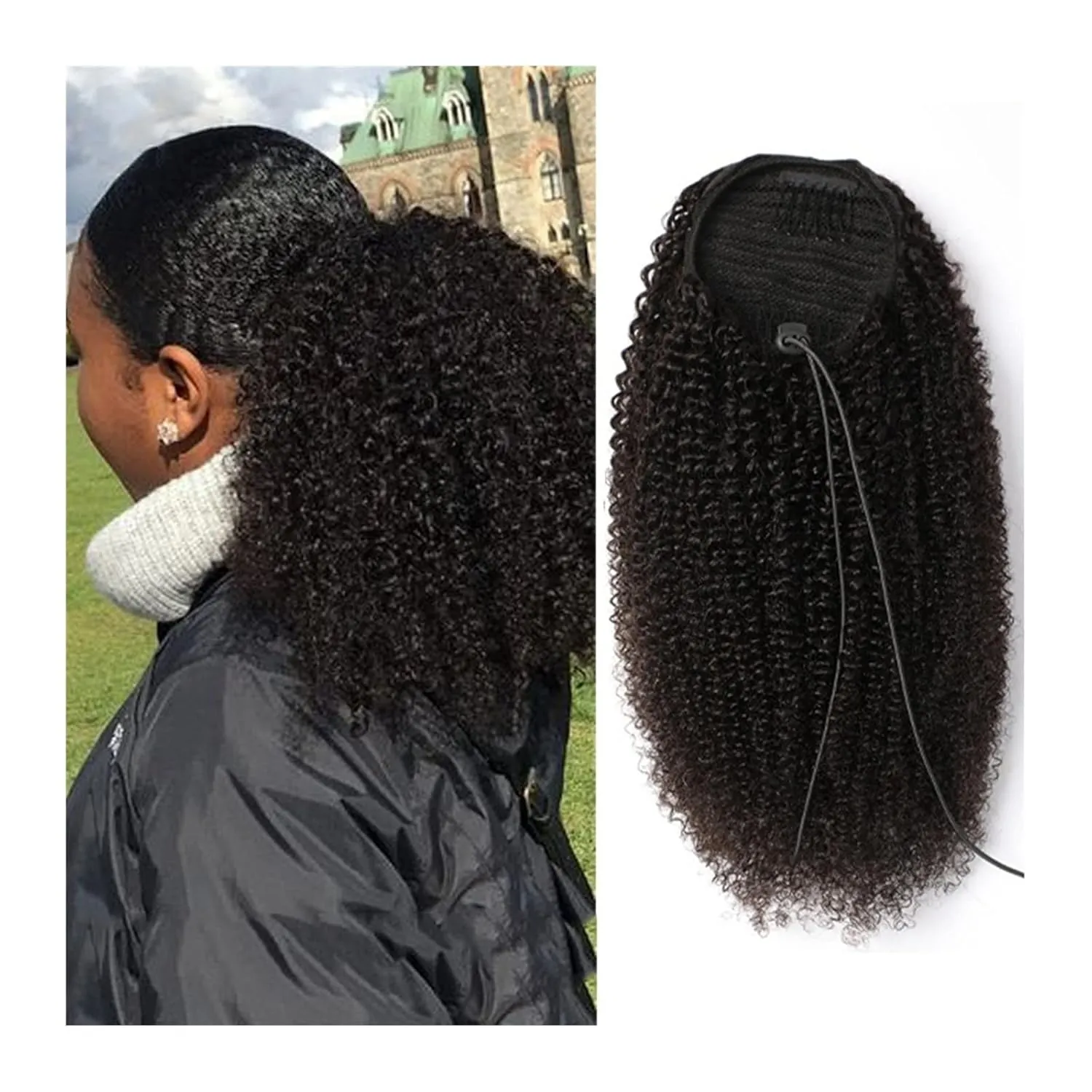 Bun Hair Pieces for Women 10-28 Inch Drawstring Ponytail Real Hair Mongolian Black Curly Ponytail Hair Extension Hairpin Ponytail Wig Hair Bun Messy Bun Hair Piece(14 inch)