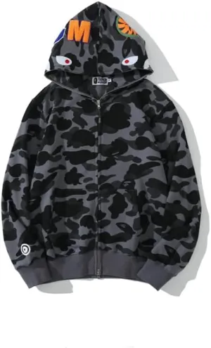 Camouflage shark jacket men's fall and winter cardigan zipper embroidery hooded sweater large size couple models