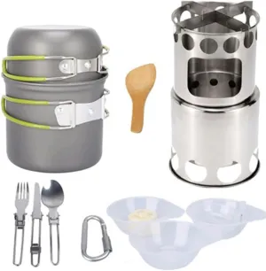Camping Cookware Mess Kit Camp Cook Set with Outdoor Camping Stove, Non Stick Pot Knife Spoon Set,Lightweight Pot Pan Kit (Color : Green)