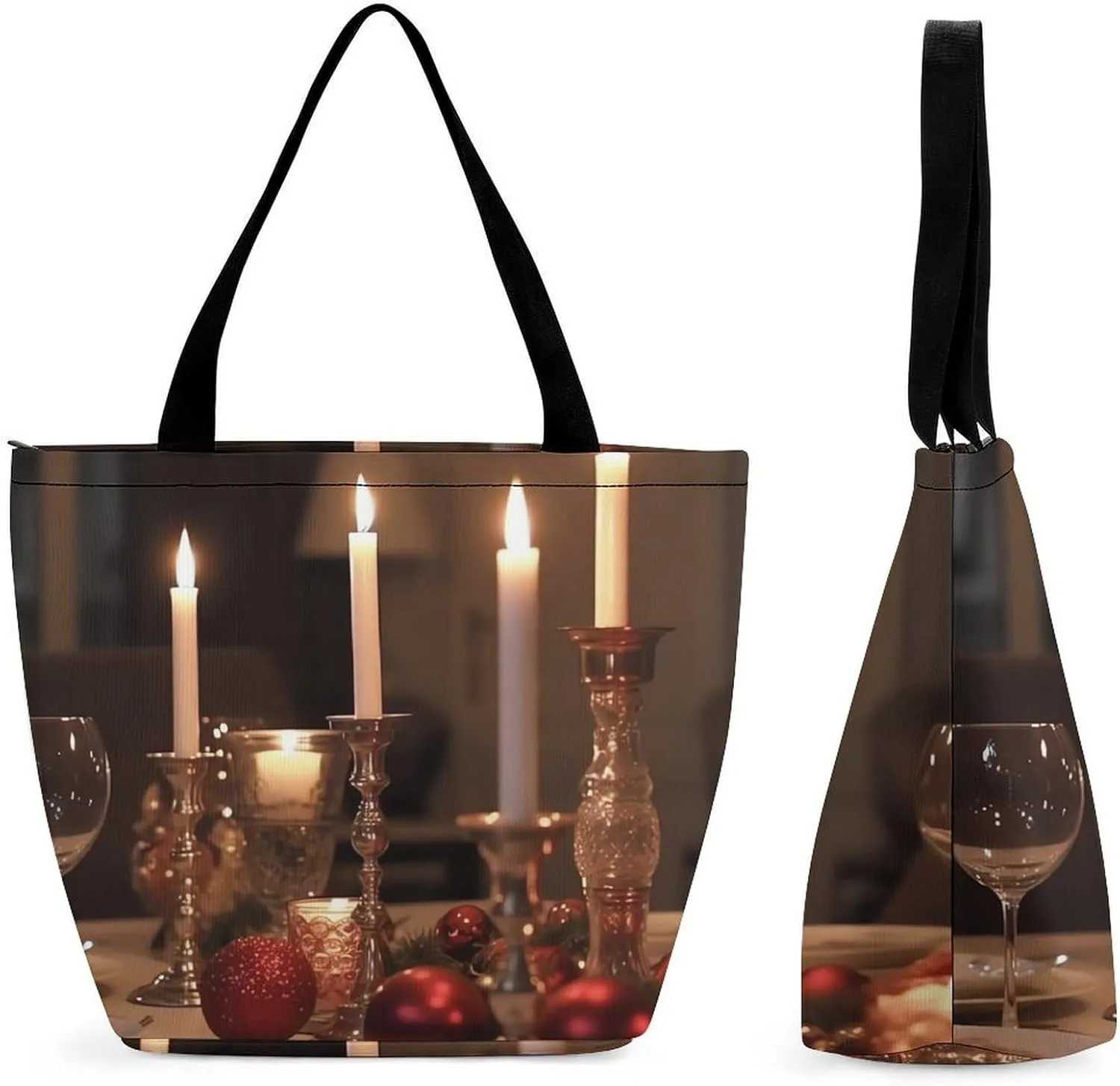 Candle Holder on Dining Table Tote Bag Shoulder Shopping Bag Reusable Grocery Bag for Travel Work Friendship Gift