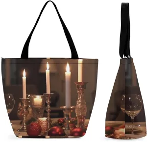 Candle Holder on Dining Table Tote Bag Shoulder Shopping Bag Reusable Grocery Bag for Travel Work Friendship Gift