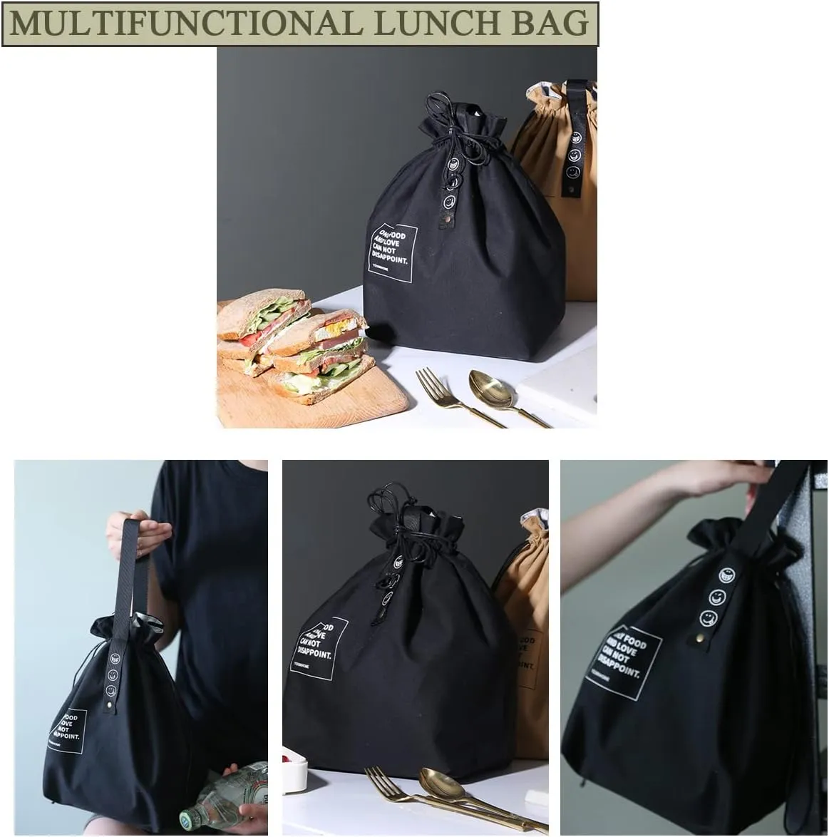 Canvas Drawstring Lunch Bag Insulated Lunch Tote Japanese Style Bento Tote Bag Reusable Lunch Bag Insulated Handbag Tote bag with Handle and Drawstring Closure for Women Work Picnic or Travel(BLACK)