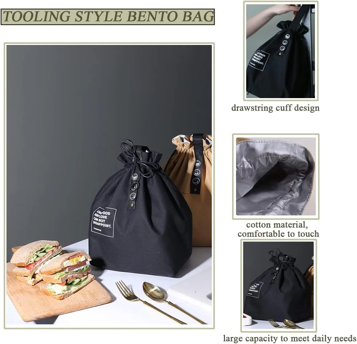 Canvas Drawstring Lunch Bag Insulated Lunch Tote Japanese Style Bento Tote Bag Reusable Lunch Bag Insulated Handbag Tote bag with Handle and Drawstring Closure for Women Work Picnic or Travel(BLACK)