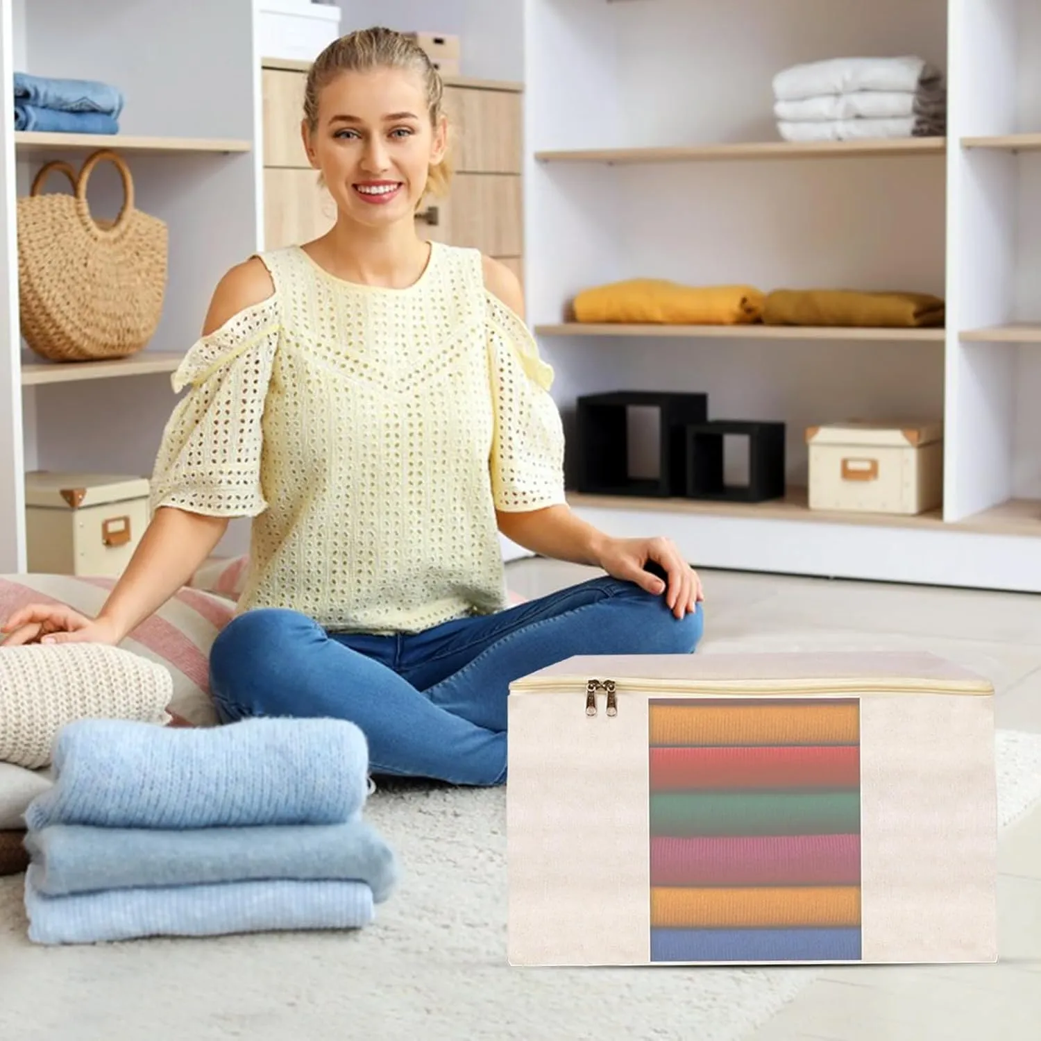 Canvas Storage Bag Organizer to Protect from Moth, Moist, Dirt, Dust, etc. - Set of 3 (15" L x 13" W x 9" H) Garment Storage Bags for Clothes, Sweaters and More –Underbed Storage Bag